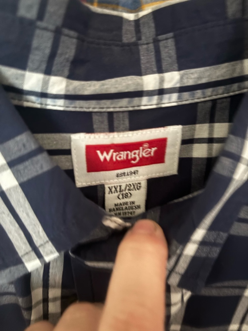 Wrangler Navy and White Plaid Button-Down Shirt with Red Logo - Picture 2 of 2